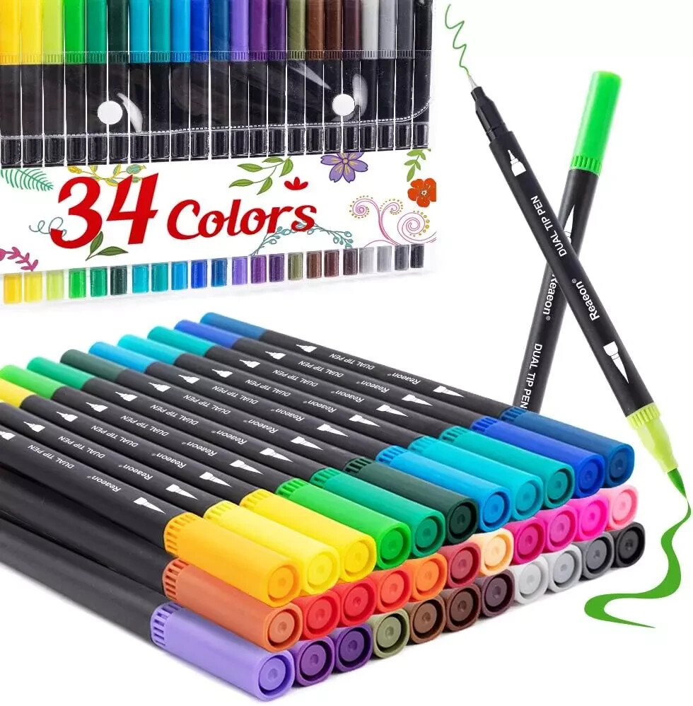 Dual Brush Tip Coloring Markers, 34 Color Calligraphy Fine Tip Pens