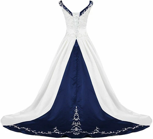 Elegant A-Line Wedding Dresses V-Neck Satin Embroidery Beaded Bridal Gowns - Picture 24 of 32