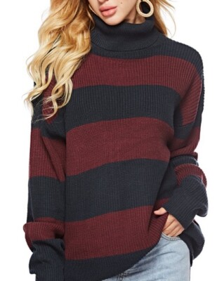 Women Loose Striped Turtleneck Knit Sweater Pullover Long Sleeve Sweater 