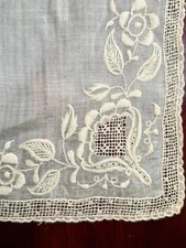 ANTIQUE LACE - PINEAPPLE FIBER EMBROIDERED HANDKERCHIEF - CIRCA 1900