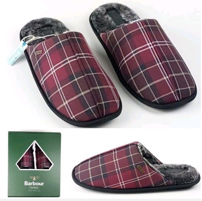 SAOLA SUOLA IN GOMMA FODERATA IN PELLICCIA SINTETICA BARBOUR YOUNG WINTER TARTAN Pantofola US Taglia 9 Nuova