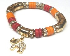 ELEPHANT GOLD CHARM Multi-Color BEADED STRETCH BRACELET Sparkling Rhinestones