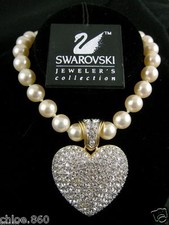 SIGNED SWAROVSKI HEART CRYSTAL PEARL NECKLACE  PENDANT RETIRED RARE NEW  SALE 