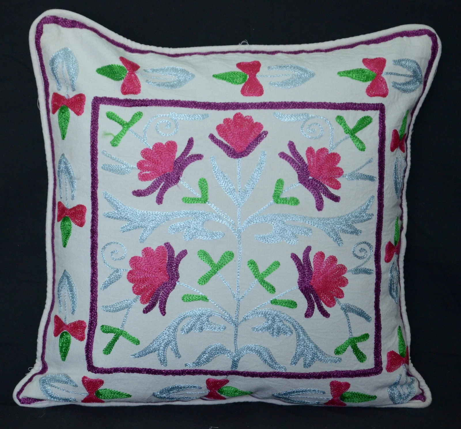18" SUZANI EMBROIDERED WHITE THROW COTTON CUSHION COVER DECORATIVE INDIEN SHAM