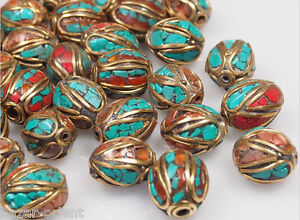 H 5 X tibetische Korallen Türkis Perlen Tibet Nepal Turquoise Coral brass Beads