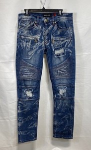 Makobi Men's Moto Jeans Blue Distressed Acid Wash Style M1723 Sz 32x32