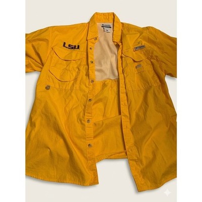Columbia PFG Shirt Mens Medium M LSU Tigers Fishing Short Sleeve Button Yellow