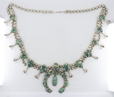 Sterling Silber Navajo DAN CHEE Türkis Kürbisblüte Halskette 32'' SIGNIERT