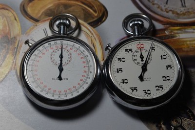 Two Vintage Swiss APOLLO & CLETIMER 7J Stop Watches-- For Repair / Parts