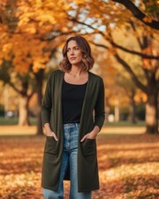 LulaRoe Sarah Long Cardigan Duster Women s XS Hunter Green Open Pockets NWT