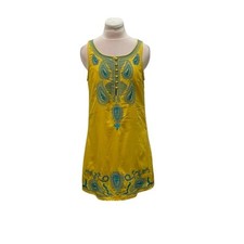 CECICO Mustard & Teal Embroidered Paisley Tank Dress Medium Boho Festival Cotton