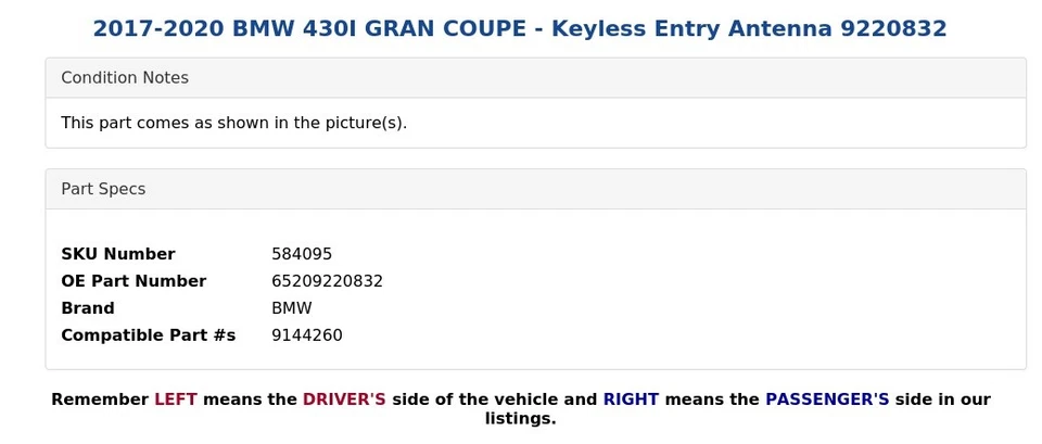 BMW 430I Gran Coupé 2017-2020 - Antena de entrada sin llave 9220832 Foto 4 de 4