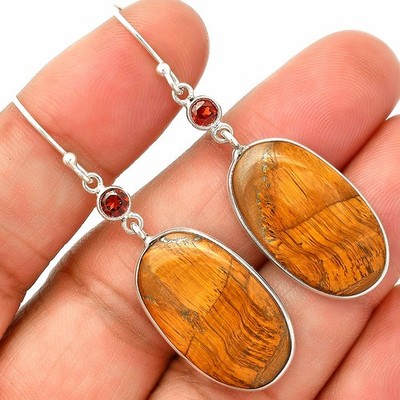 Natürliches Tigerauge - Afrika & Granat 925 Sterling Silber Ohrringe Schmuck E-1002
