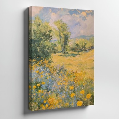 Yellow Wildflowers And Green Trees Landscape Canvas Wall Art Painting Print