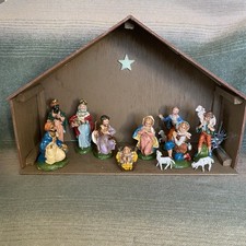 1960s 70s Large Wood & Ceramic Nativity Set with ITALY Figures In Original Boxes