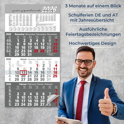 KAMBER OFFICE Kalender 2026 Wandkalender 3-Monats Planer Dreimonatskalender groß mit Schieber