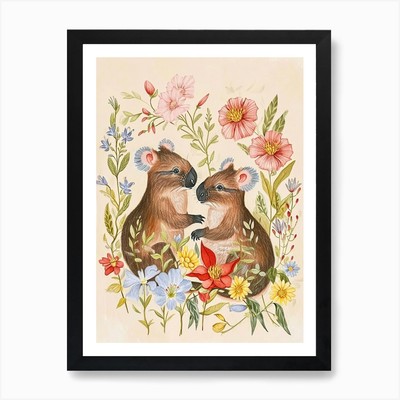 Folksy Floral Tier Zeichnung Koala gerahmt Wandbild Poster Leinwanddruck Bild