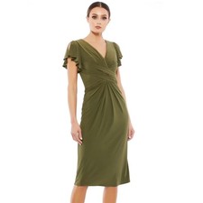 Ieena for Mac Duggal Midi Dress Women 2 Olive Green Surplice Neck Flounce Sleeve