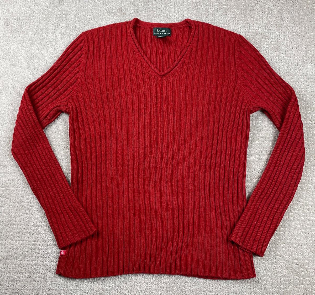 Vintage Lauren Ralph Lauren Sweater Womens XL Red Ribbed Knit Silk Linen V Neck