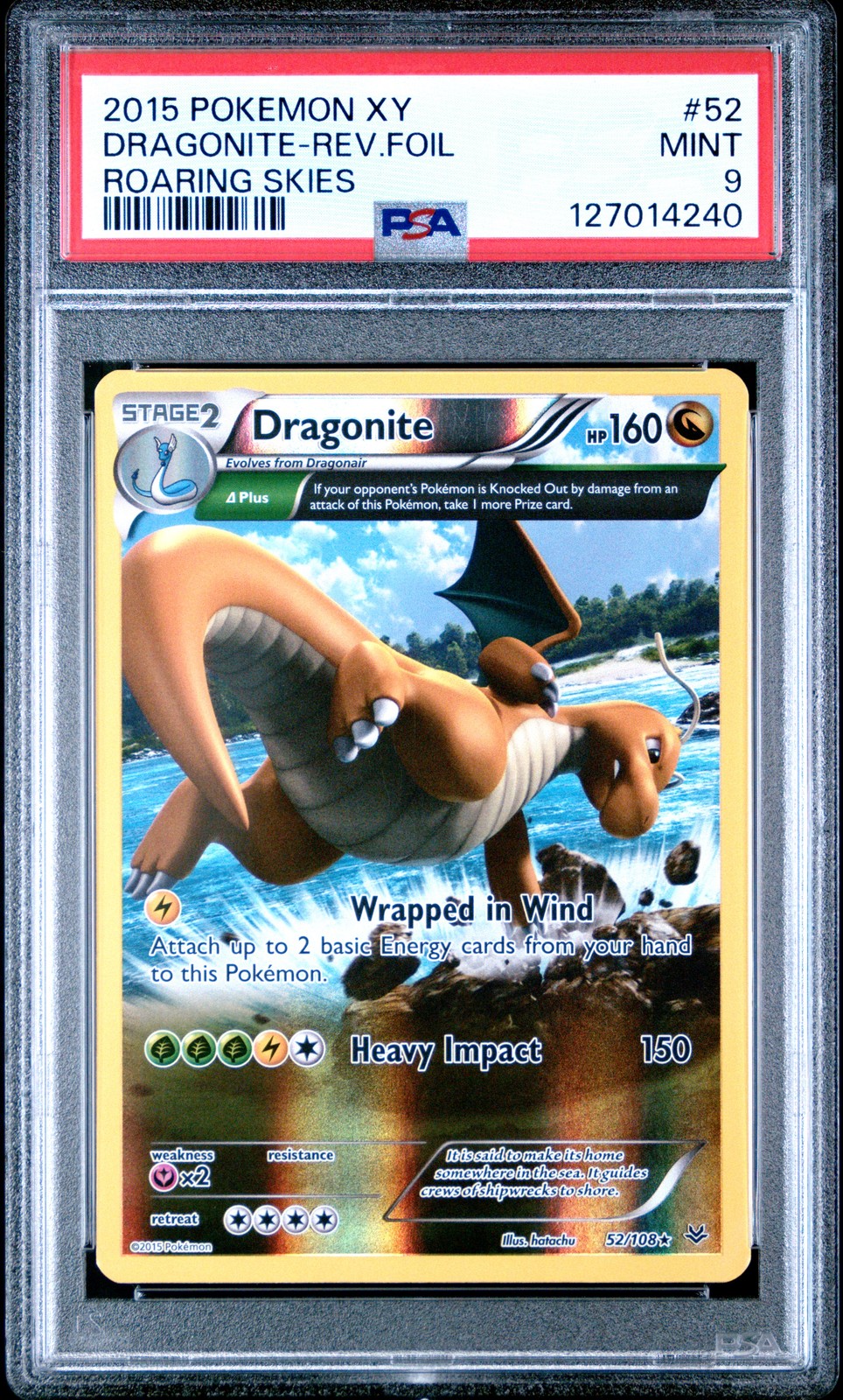 2015 POKEMON XY ROARING SKIES #52 DRAGONITE-REVERSE FOIL PSA 9