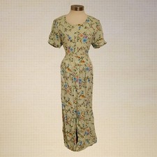 90s Cottagecore Floral Rayon Erica House Dress Shoulder Pads Belt Medium Mint