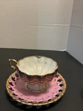 Royal Sealy China Japan Iridescent Gold & Pink Footed Cup & Reticulated Saucer