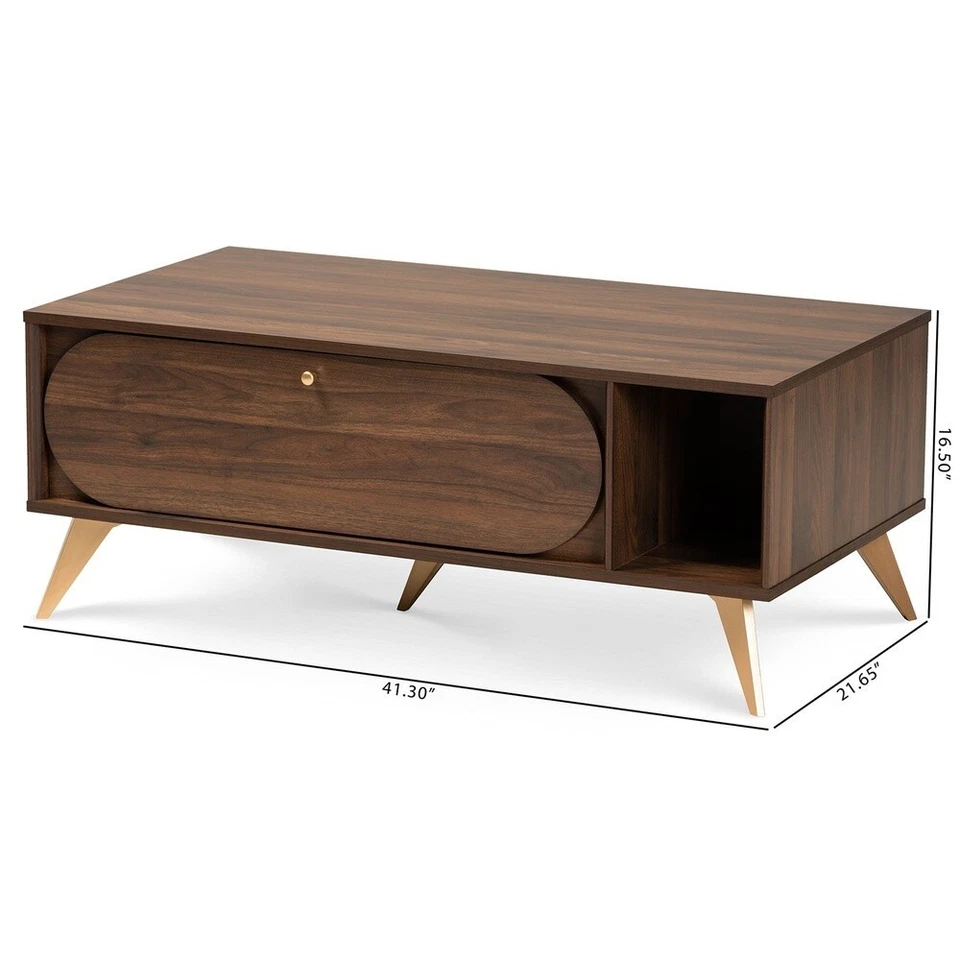 Mesa de centro moderna Mid Century con almacenamiento patas doradas madera MDF marrón nogal nueva Foto 2 de 4