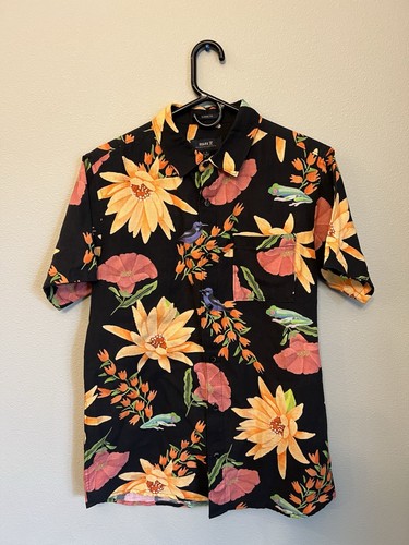 Roark Black Sierra Madre Floral Cotton Linen Hawaiian Camp Buttom Up Shirt