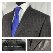 Andrew Marc New York Brown Plaid Tweed Wool Sport Coat Jacket Elbow Patches 40