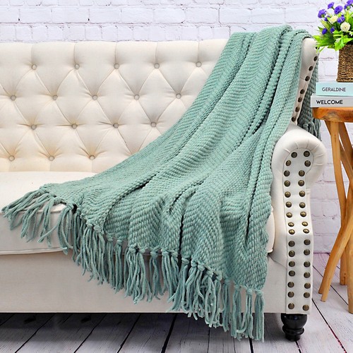Boho Knitted Throw Blanket – Tweed Texture, Tassels, Lightweight Couch Bed Decor - Picture 237 of 337