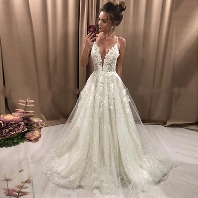 Boho White Wedding Dresses Spaghetti Straps V-Neck Lace Appliques Bridal Gowns | eBay Boho White Wedding Dresses Spaghetti Straps V-Neck Lace Appliques Bridal Gowns | eBay