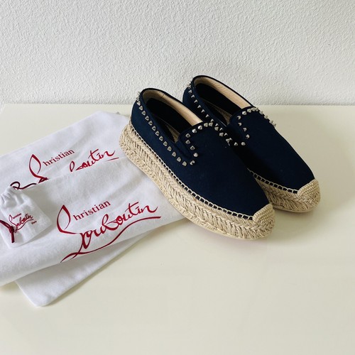 Christian Louboutin Espaboat Flat Toile Obscur Dark Navy Blue Silver Spike 37, 7
