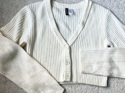 Women’s V-neck Shaker chunky KNIT button UP CARDIGAN sweater In IVORY XS EUC!
