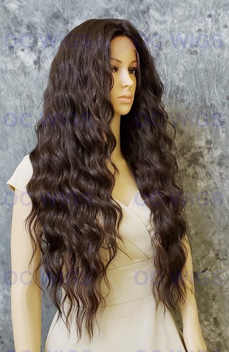 Lange gewellte Locken Spitze vorne Hitze OK Echthaarmischung Perücke braun/Auburn EVEW 4/30
