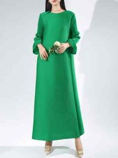 Fashion Pleated Women's Dress Round Sleeves A-line Solid Color Long Dresses