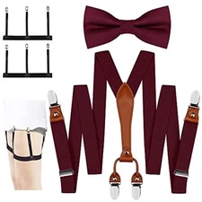  Suspenders & Bowtie Set Men's Elastic Band Suspenders + Bowtie + A-burgundy