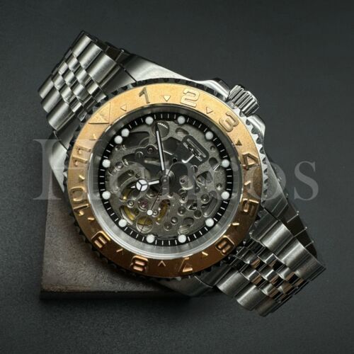 Custom Made Skeleton Watch YM Style NH70 Auto Movement Rose Metal Bezel Jubilee - Picture 2 of 5