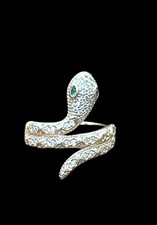 Fashion Ring- SNAKE- crystals- gold tone- green eyes Size 7