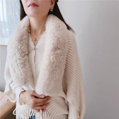 Knitted cape poncho with warm furry collar for women Amazon.com: Women Fall Shawl Wrap Loose Winter Warm Faux Fur  main image 2