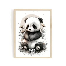Baby panda animal wall art gender neutral animal nursery panda printing flowers