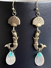 Bronze Mermaid with Abalone Teardrop Earrings. Beach. Tropical. Seashells