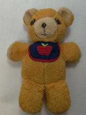 Vintage 1975 Fisher Price 11.5" Orange Freddy Teddy Bear w/ Squeaker Apple Bib