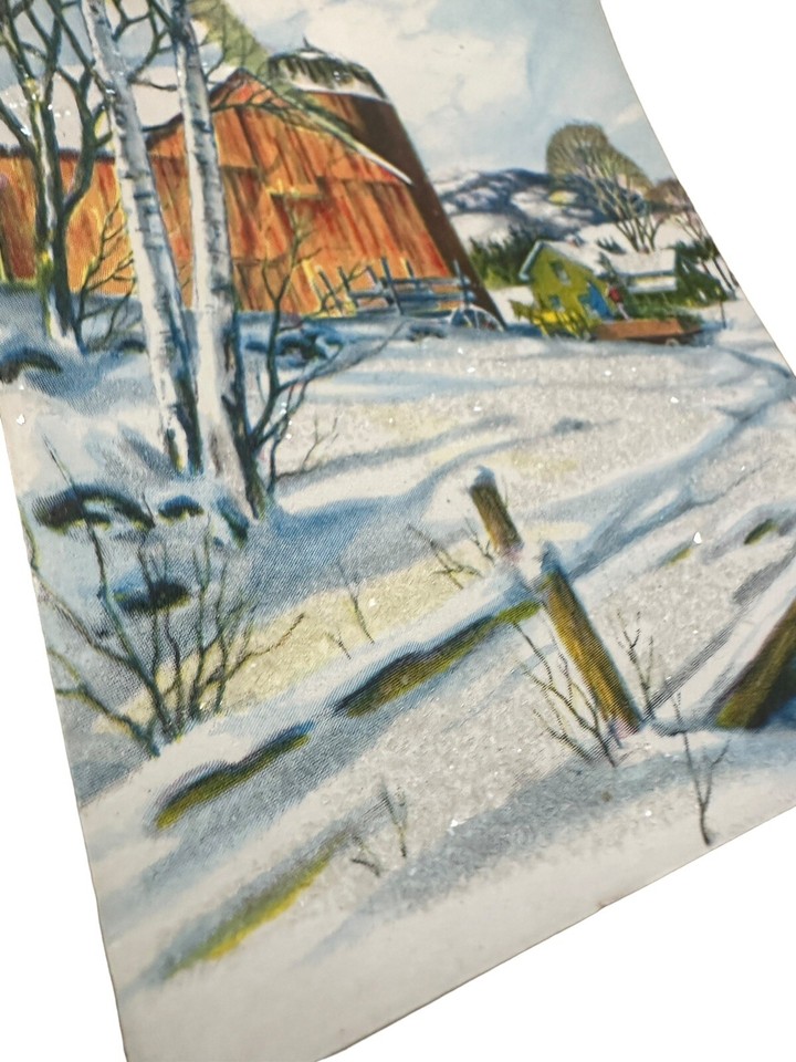 Vintage Mid Century Christmas Greeting Card Red Barn Snowy Lane Birch