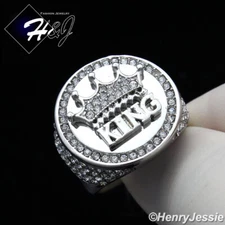 MEN Stainless Steel ICY Bling Cubic Zirconia Crown King Silver Round Ring*R134