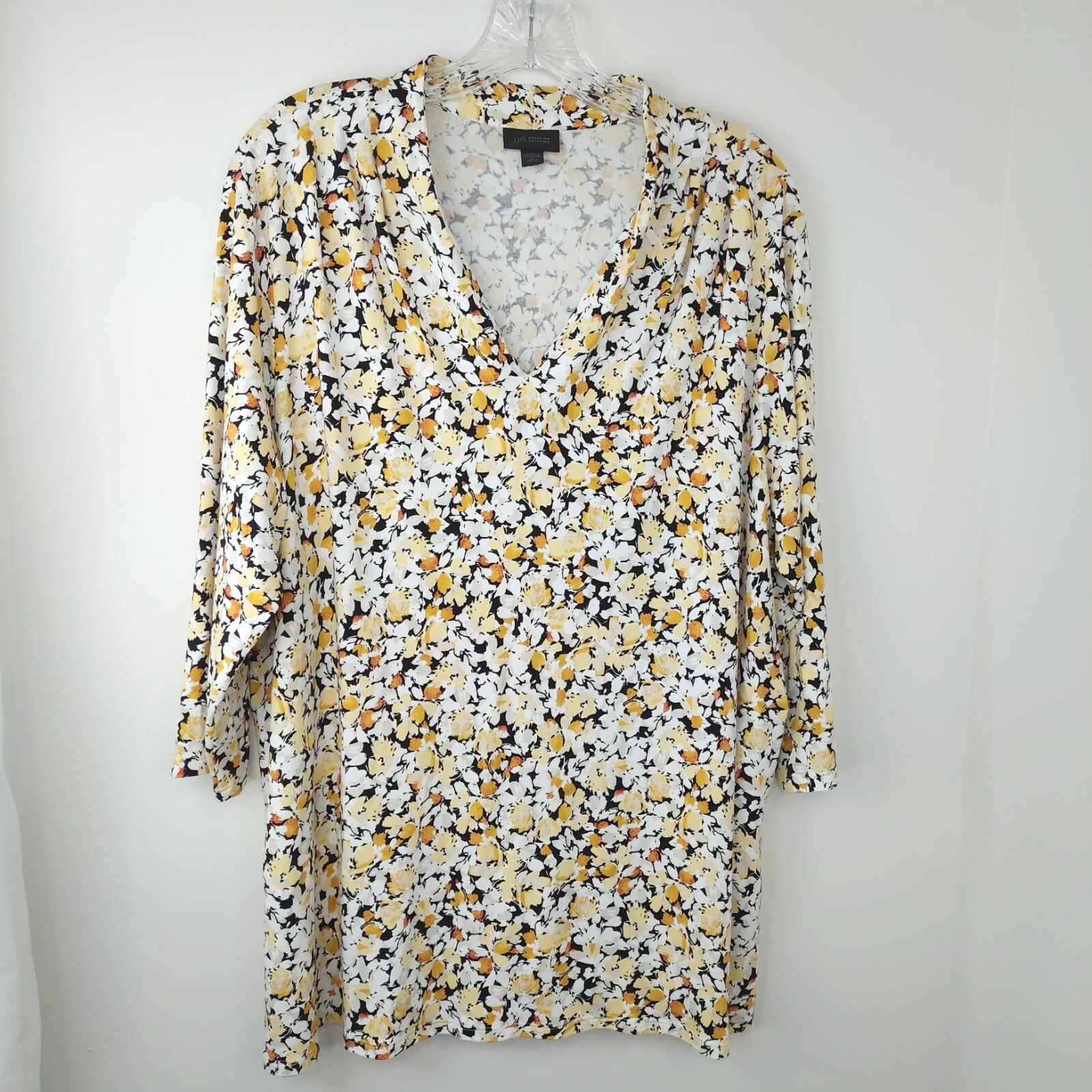 Jill Womens XLP Field Of Flowers Yellow Floral V Neck Long Sleeve Blouse