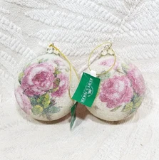 2 - VINTAGE KURT S. ADLER SUGAR FROSTED 3” ROUND PINK ROSE CHRISTMAS ORNAMENTS