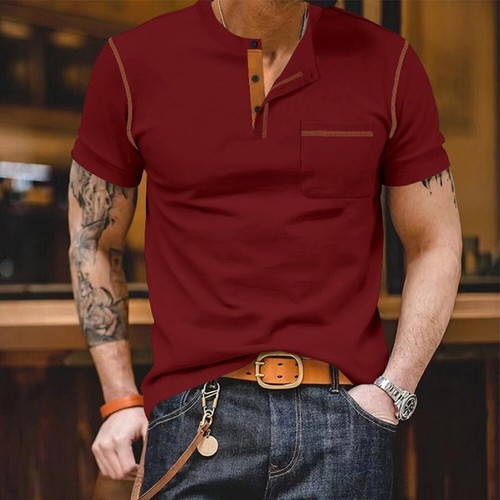 Maglietta Henley uomo a maniche corte top maschile quotidiano casual vacanza t-shirt sportiva - Foto 23 di 67