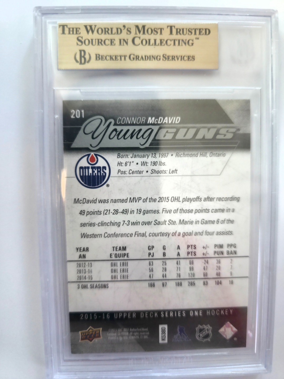 2015 Upper Deck Series One Young Guns Rookie Connor McDavid RC PSA 9.5 view 2