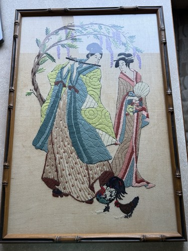 Vtg Japanese Bunka Shishu Embroidery Kimono Outdoor Art Framed Large 27" x 18"