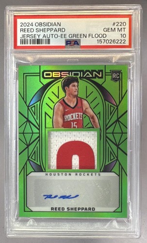 6222 Reed Sheppard 2024 Panini Obsidian 220 Green Flood RC Patch Auto /25 PSA 10